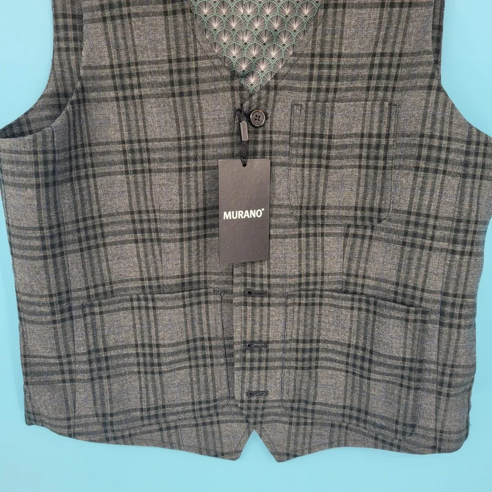 New Murano Suit Vest Mens Size M Plaid Formal Business Casual Grey Plaid Button